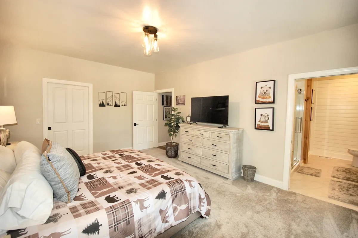 A warm and inviting bedroom showcasing a bed with a patterned blanket, a television placed on the dresser, a decorative plant, and artwork on the walls. The room is cozy yet functional, offering both comfort and entertainment.
